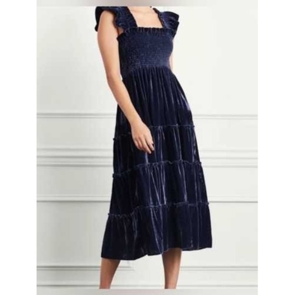 o.p.t Dress Smocked Velvet XS Navy Blue Tiered Ruffle Midi Romantic Luxe Holiday